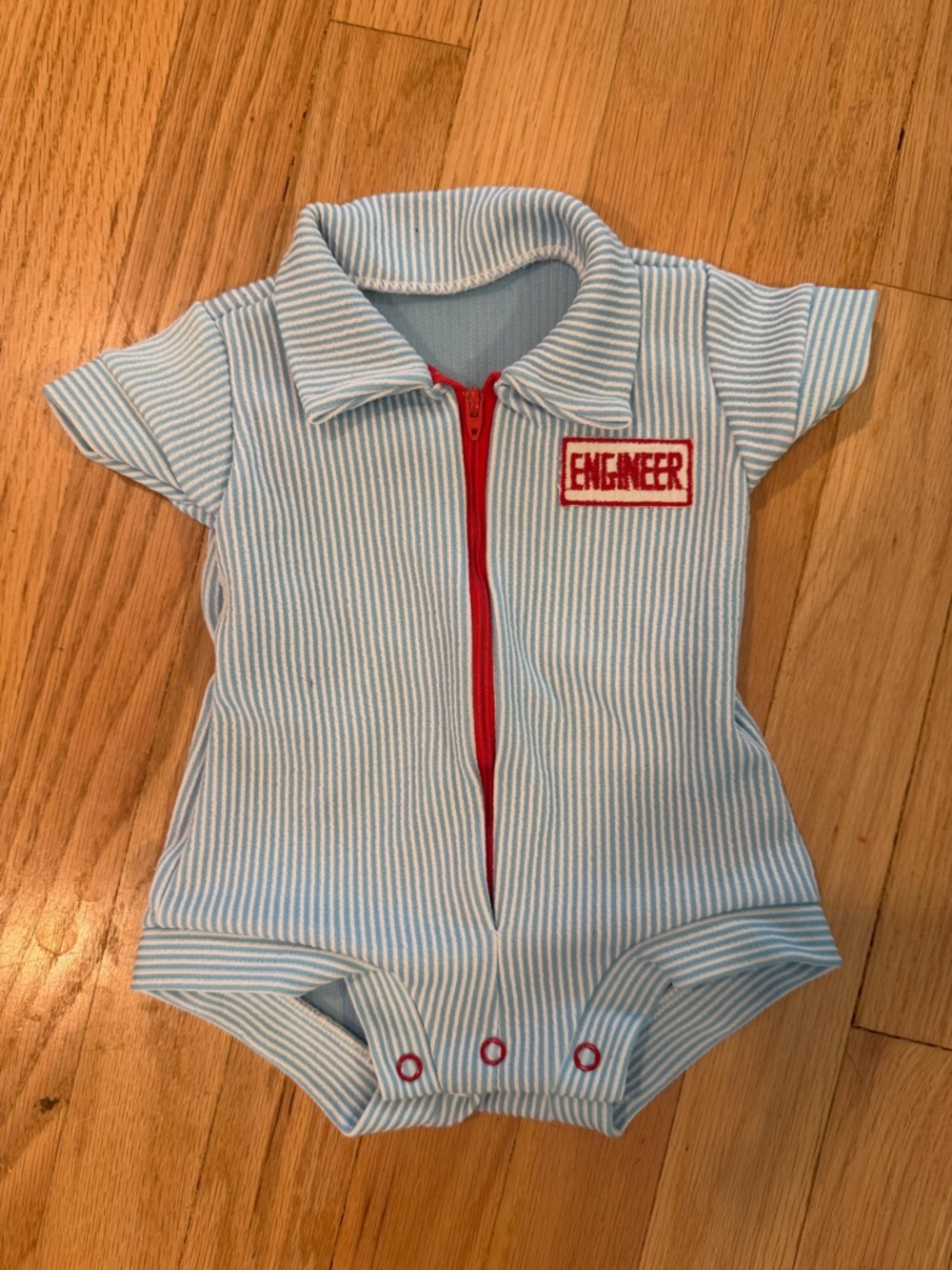 Vintage handmade Blue Striped Baby One-Piece. With Engineer patch